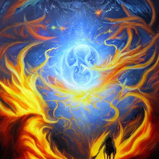 Prompt: celestial fire on landscape of souls 8k high contrast oil painting