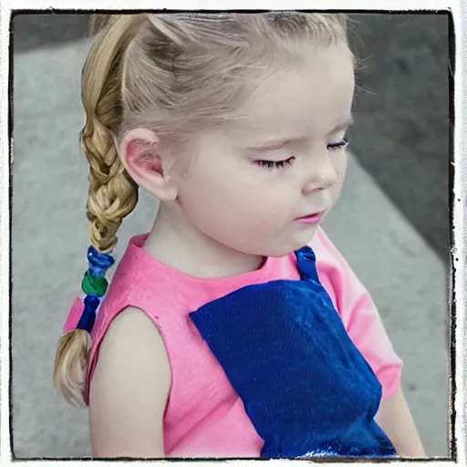 Prompt: 3 year old blonde girl in pigtails looking down at iphone, pencil and watercolor on white by eloise wilkin