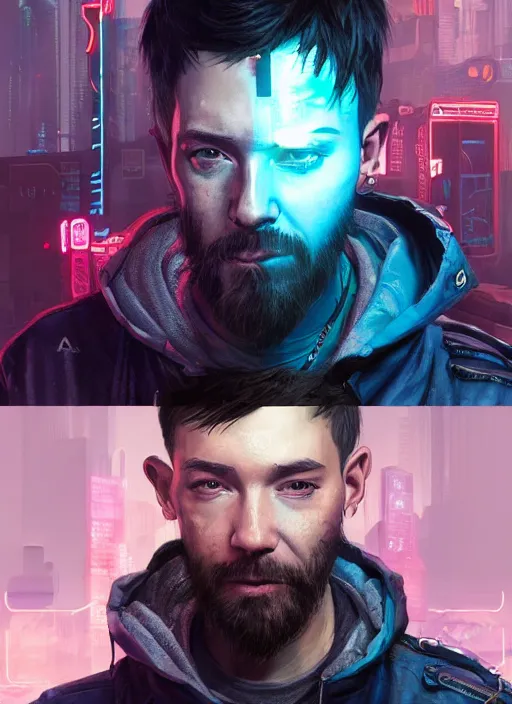 Prompt: !dream portrait of DanTDM as a homeless character in Cyberpunk 2077, looking at camera, intricate, dystopian, sci-fi, extremely detailed, digital painting, artstation, concept art, smooth, sharp focus, illustration, intimidating lighting, incredible art by artgerm and greg rutkowski and alphonse mucha and simon stalenhag