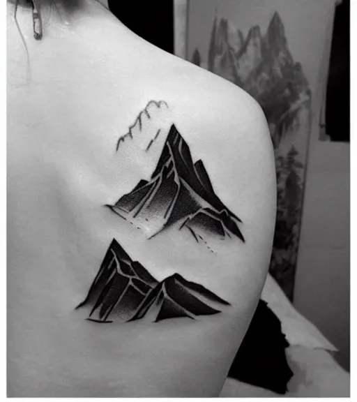 Prompt: tattoo design sketch of a beautiful woman with a background of beautiful mountains on her side, hyper - realistic, double exposure effect, in the style of den yakovlev, amazing detail, black and white, faded