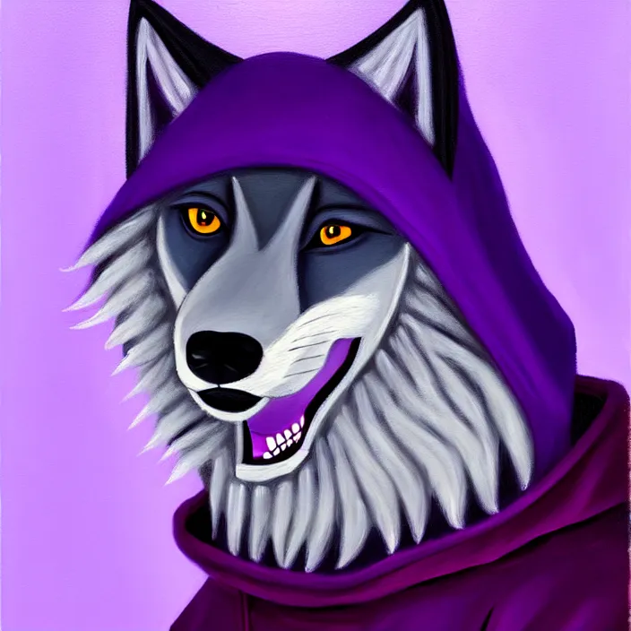 Prompt: a painting of a purple anthropomorphic male wolf fursona wearing a hoodie, furry art, oil on canvas, soft lighting, goatee, cute