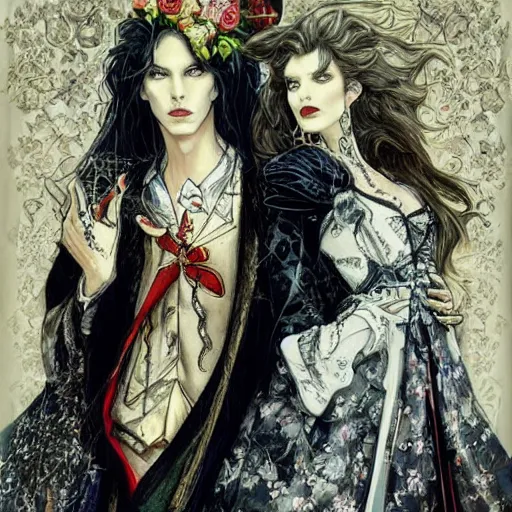 Image similar to elegant vampires, long hair, baroque, fancy clothing, striking beauty, extremely detailed, by ayami kojima