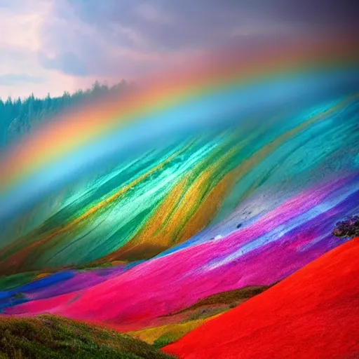 Image similar to beautiful rainbow mountains, mist and mushrooms, fantasy landscape, trending on artstation, 8k