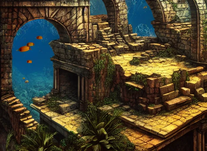 Prompt: ancient ruins favela, underwater environment, arches, urns, scenery, professional, award - winning, trending on artstation, hyper detailed, realistic, beautiful, emotional, shiny, golden, picture