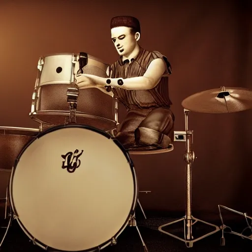 Image similar to 1940's musician playing drums, photorealistic art, hd, 8k, cinematic lighting, intricate details, high definition