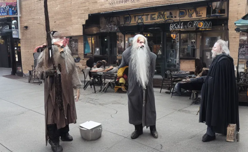 Image similar to Gandalf and Robocop doing business outside of the bar, photographic
