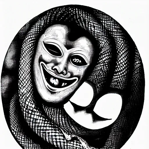 Image similar to an ink drawing of eerie comedy and tragedy theater masks circled by a snake, cracked, elaborate detail, shape of a circle, circular shape