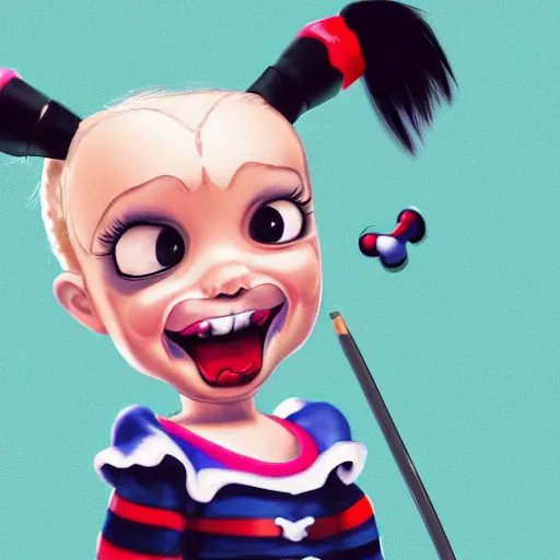 Image similar to baby harley quinn caricature with pigtail in hair like pebbles flintstones playing with a magic wand, full body, big head, large smile, pixar style, 4 k trending on artstation