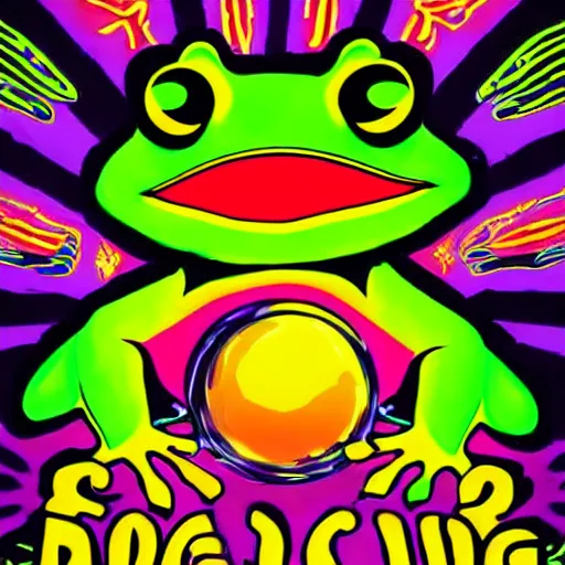 Prompt: frog rave poster, large bullfrog DJ, lots of frogs dancing on drugs, psychedelic, bright lights, loud music, intense club, cartoon, no text