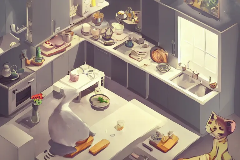 Prompt: cute kitchen, refrigerator, sink, isometric art, white furniture, cat, bright, artstation, highly detailed, cinematic lighting + masterpiece