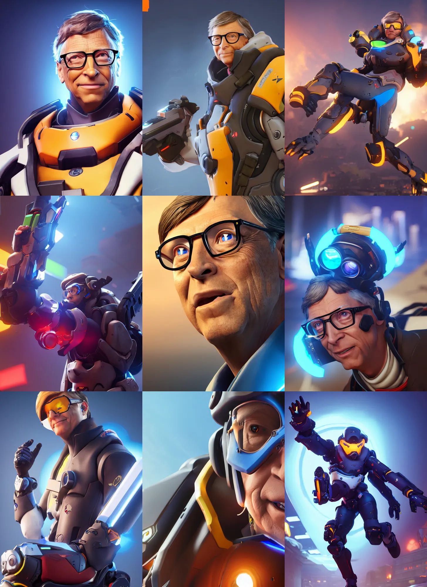 Prompt: bill gates in overwatch, overwatch fanart, trending on artstation, 8 k, octane render, detailed lighting, high quality render, aesthetic