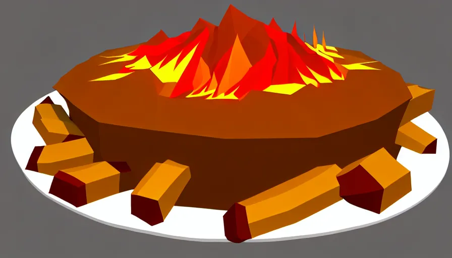 Image similar to poutine ( the canadian meal ) from mount doom, volcano texture, lava texture, fire texture, low poly