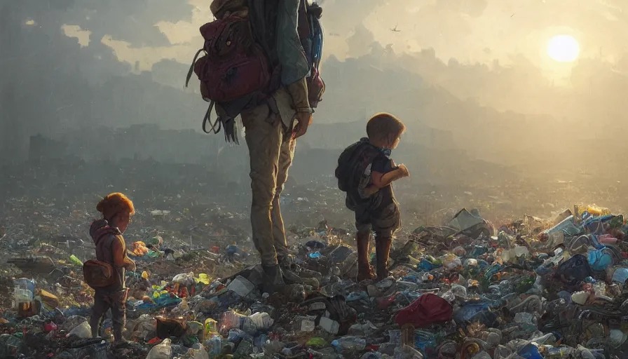 Image similar to poor detailed child with backpack looking for food at garbage dump, city is pure wasteland, moody sunset in background, greg rutkowski, alphonse mucha, trending on artstation, artgerm, unreal engine, breathtaking, award winning, highly detailed