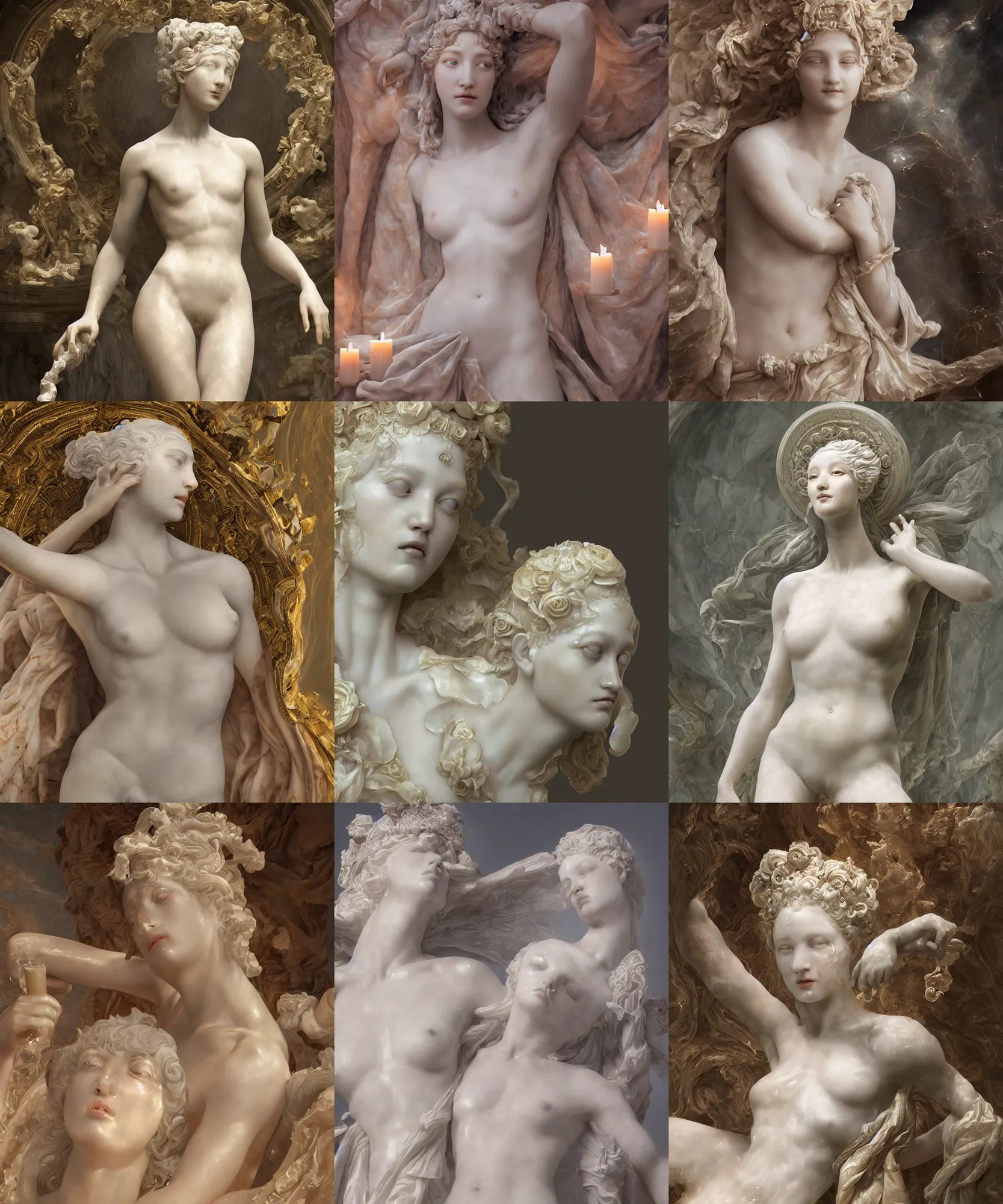 Prompt: a delicate renaissance marble goddess with the hole in face covered with wax фтв covered with many candles, highly detailed marble cloth, gi, global illumination, physically based rendering, photorealistic, top light, by Edgar Maxence, Jin Shan and Ross Tran, Mooniq Priem, Boris Vallejo