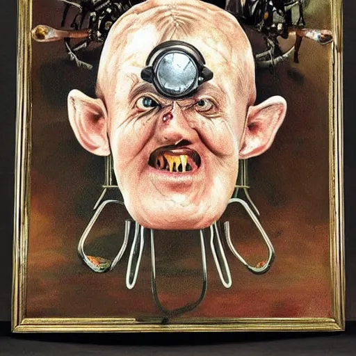 Prompt: A reanimated gnome head in a steam punk glass canister with mechanical spider legs surrealist painting by salvador dali