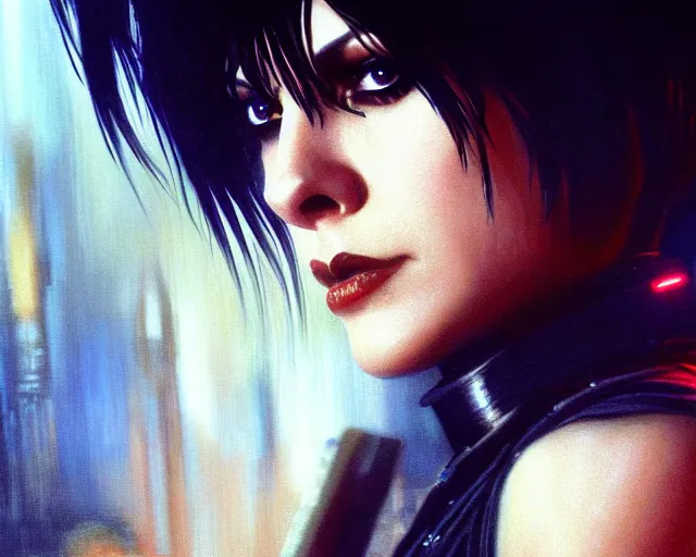 Image similar to a 4 k cinematic film screenshot still portrait of joan jett in blade runner, deep focus, d & d, fantasy, intricate, elegant, highly detailed, digital painting, artstation, concept art, matte, sharp focus, illustration, dark fantasy style art, hearthstone, art by artgerm and greg rutkowski and alphonse mucha