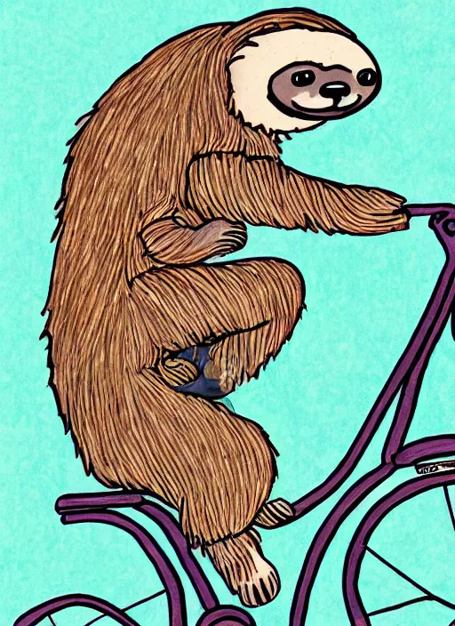 Image similar to drawing of a sloth urban outfitters style riding a bike going to the beach