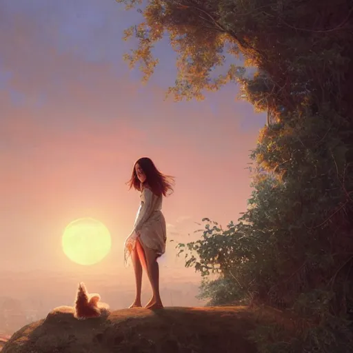 Prompt: young woman and a dog in a tree looking at the sun set, intricate, highly detailed, digital painting, artstation, concept art, smooth, sharp focus, illustration, Unreal Engine 5, 8K, art by artgerm and greg rutkowski and alphonse mucha