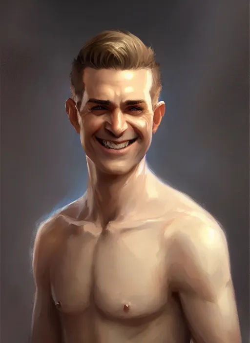 Image similar to a _ fantasy _ style _ portrait _ painting _ of white male short fringe light brown hair short face grinning clean shaven short head, rpg dnd oil _ painting _ unreal _ 5 _ daz. _ rpg _ portrait _ extremely _ detailed _ artgerm _ greg _ rutkowski _ greg