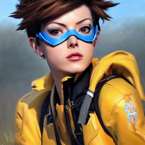 Image similar to oil painting of tracer overwatch in a field, in style of mark arian, expressive face, very detailed face, wearing large detailed black collar, very detailed eyes, full body, feminine face, detailed makeup on eyes,