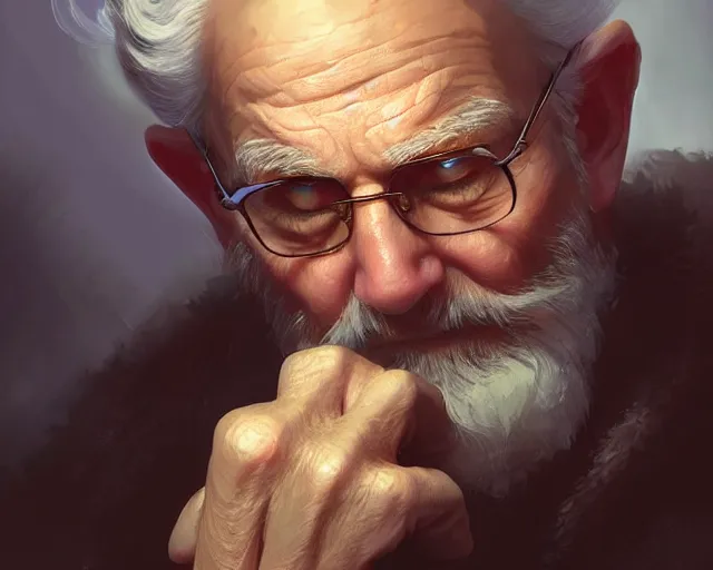 Image similar to old man wearing a ring on each finger, deep focus, d & d, fantasy, intricate, elegant, highly detailed, digital painting, artstation, concept art, matte, sharp focus, illustration, hearthstone, art by artgerm and greg rutkowski and alphonse mucha