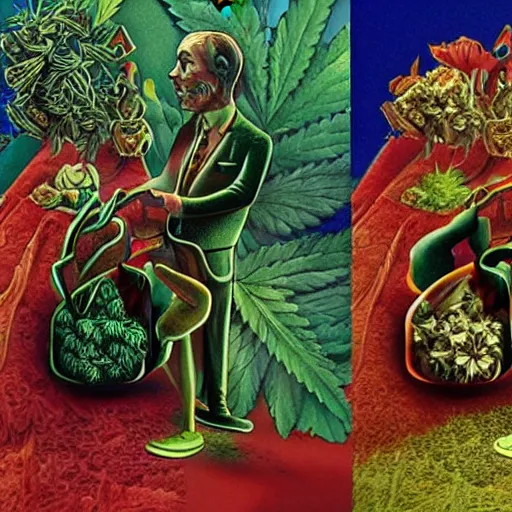 Image similar to the cannabis legalization movement in australia started with customers demanding it in their local cafes, by ernst fuchs colored and remastered in 3 d by pixar