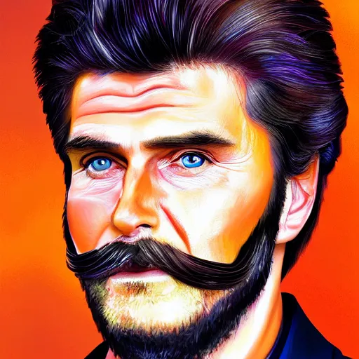 Prompt: realistic portrait of david hasselhof with anonymous - like moustache and beard, digital oil portrait, digital oil portrait with bright colors