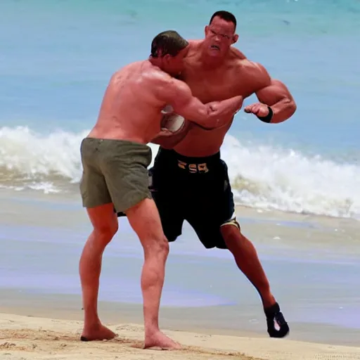 Prompt: John Cena fights Will Smith on the beach