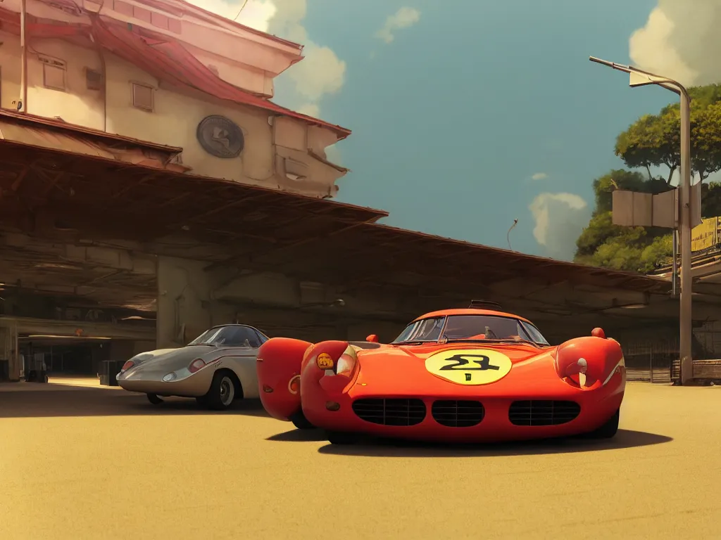 Image similar to a wholesome animation key shot of a focused old ferrari car in a car park, close shot, studio Ghibli, Pixar and Disney animation, sharp, very detailed, high resolution, Rendered in Unreal Engine 5, anime key art by Greg Rutkowski, Bloom, dramatic lighting