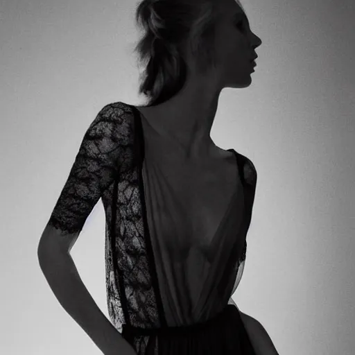 Image similar to sheer dress with plunging neckline and lace sleeves. award-winning fashion photography. intimate and vulnerable lighting. JUST THE DRESS. THERE IS NO HUMAN IN THIS IMAGE. PHOTOGRAPHY OF THE CLOTHES ONLY 130mm bw fashion photography.