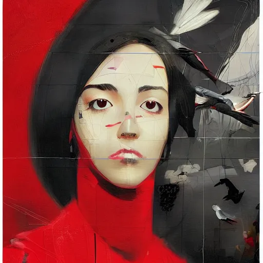Prompt: portrait of a daydreaming melancholic latina woman in red habit being progressively rasterized into virtual pixels, she is surrounded by digital birds and a giant loving neon mecha robot is beside her, oil on canvas by yoji shinkawa, esao andrews, dave mckean and stina persson