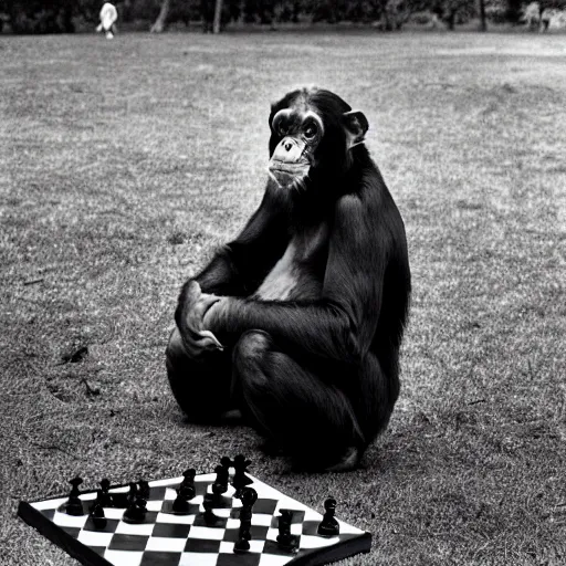 Image similar to black and white portrait photo of a chimpanzee playing chess in a park by annie liebovitz,
