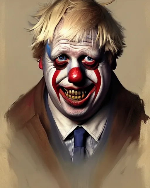 Prompt: boris johnson as clown character portrait, ultra realistic, concept art, intricate details, highly detailed by greg rutkowski, gaston bussiere, craig mullins, simon bisley