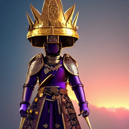 Image similar to a highly detailed knight with glowing purple eyes in a T golden helmet and a golden crown with a blue diamond in the center, golden armor, leather clothes under the armor, leather gloves, holds a black sword, artstation, DeviantArt, professional, octane render, sunset lighting