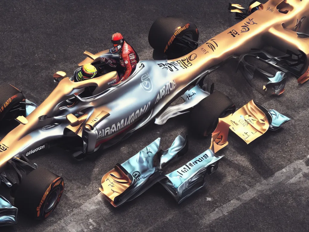 Image similar to A hyper realistic photo of Lewis Hamilton standing on his F1 car after winning a race, golden glow, cyberpunk, detailed, octane render, 8k,
