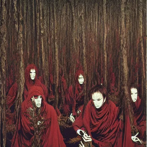 Image similar to a cult ritual in a dark forest, high detailed beksinski painting, by adrian ghenie and gerhard richter. art by takato yamamoto. masterpiece, deep colours.