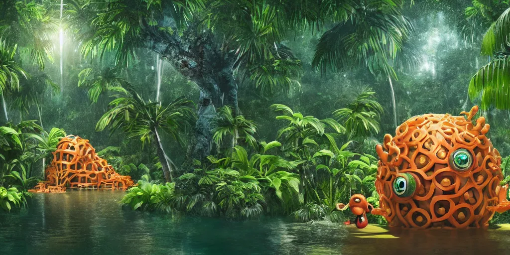 Image similar to of a tropical rainforest lake with strange cute friendly happy creatures with huge eyes, mouth, long tongue, round teeth and goofy face, appearing from the trees, in the style of gehry and gaudi, macro lens, shallow depth of field, ultra detailed, digital painting, trending artstation, concept art, illustration, cinematic lighting, photorealism, epic, octane render