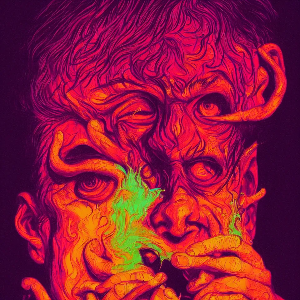 Prompt: bright psychedelic todd solondz eating satan, diffuse lighting, fantasy, intricate, elegant, highly detailed, lifelike, photorealistic, digital painting, artstation, illustration, concept art, smooth, sharp focus, art by francis bacon