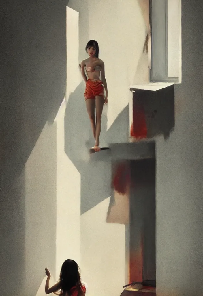 Image similar to gorgeous famous asian actress girl dropping the shadow of her desires on the wall of empty house with a light from a window creating dreams, style of James Jean, Edward Hopper, Francis Bacon, colors of Mark Rothko, Frank Auerbach, trending on artstation, Greg Rutkowski, dark atmosphere