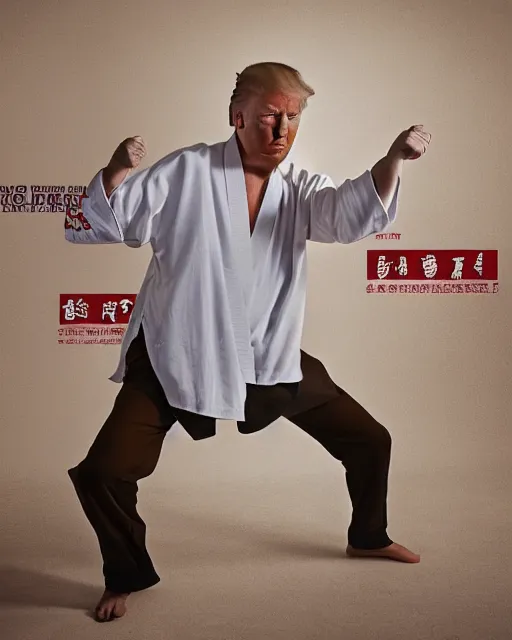 Image similar to Donald Trump practicing karate at the Shaolin temple, photorealistic, studio lighting, photographed in the style of Annie Leibovitz