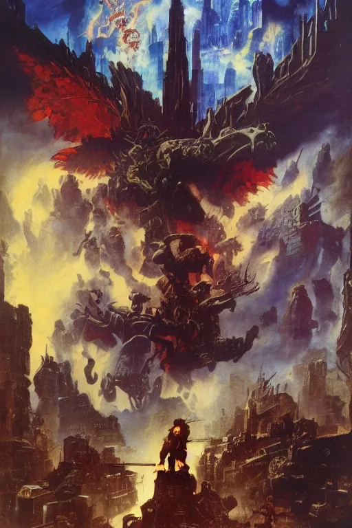 Prompt: Movie poster of Ophanim attacking new york, by frank frazetta, ilya repin, 8k, hd, high resolution print