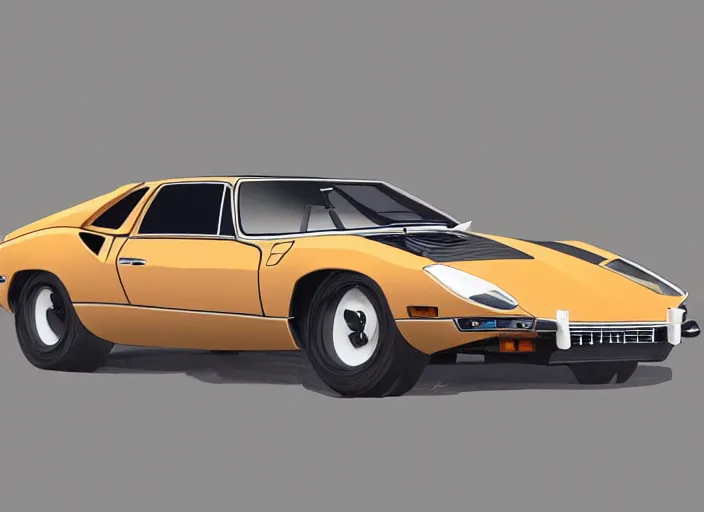 Image similar to a blending, amalgamation and detailed combination of a lamborghini countach, datsun 2 6 0 z and a jaguar e - type, concept art, round headlights, 8 k, highly detailed, trending on art station