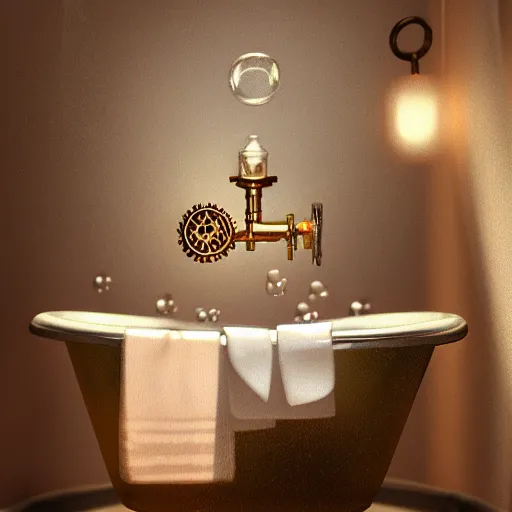 Image similar to steampunk bright tiny bathroom in the warm morning light, soap, bubbles, small perfumes, beautifully lit, painting, high resolution, trending on artstation