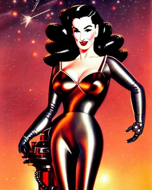 Image similar to closeup beautiful retro space dita von teese megan fox posing with a chrome robot in dieselpunk city at night, pinup, windblown dark hair, seductive, hyper detailed, digital art, smooth, sharp focus, gil elvgren, luis royo, alberto vargas, 1 9 5 0, when mars attacks