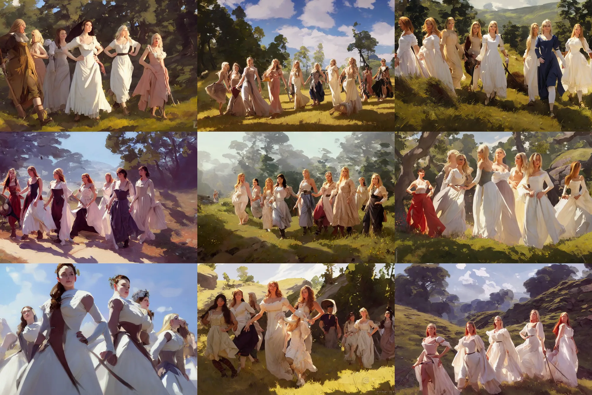 Prompt: group of finnish norwegian swedish scandinavian attractive glamour models wearing 1 7 th century bodice with low neckline walking across a valley in a sunny day, jodhpurs greg manchess painting by sargent and leyendecker, studio ghibli fantasy medium shot asymmetrical intricate elegant matte painting illustration hearthstone, by greg rutkowski by greg tocchini by james gilleard