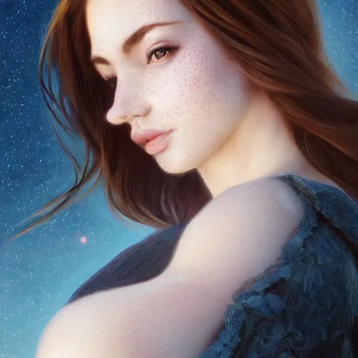 Image similar to a gorgeous female photo, professionally retouched, soft lighting, wearing sundress, illuminated by moonlight realistic, smooth face, raven haired, light freckles, perfect eyes, wide angle, sharp focus on eyes, 8 k high definition, insanely detailed, intricate, elegant, art by artgerm and wlop