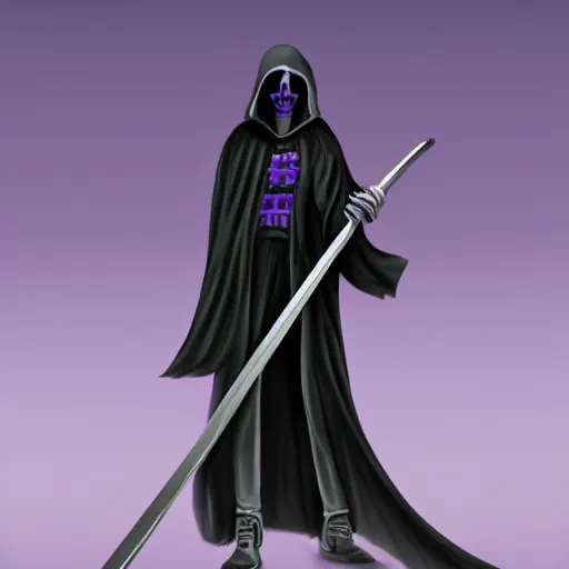 Image similar to grim reaper, purple cloak, full body, scythe