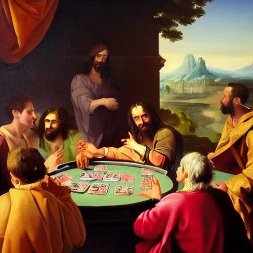 Prompt: a baroque painting of jesus playing poker