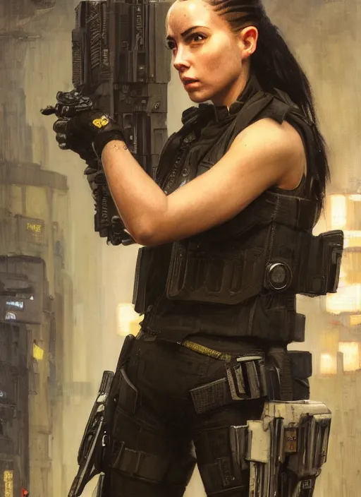 Image similar to 🤸🏿♀. cyberpunk police trooper in a military vest ( blade runner 2 0 4 9, cyberpunk 2 0 7 7 ). orientalist portrait by john william waterhouse and james gurney and theodore ralli and nasreddine dinet, oil on canvas. cinematic, hyper realism, realistic proportions, dramatic lighting, high detail 4 k