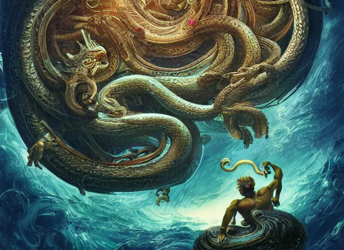 Prompt: vishnu sitting under a medusa - like cobra, floating across the cosmic ocean, digital art, octane render, highly detailed, intricate, by android jones